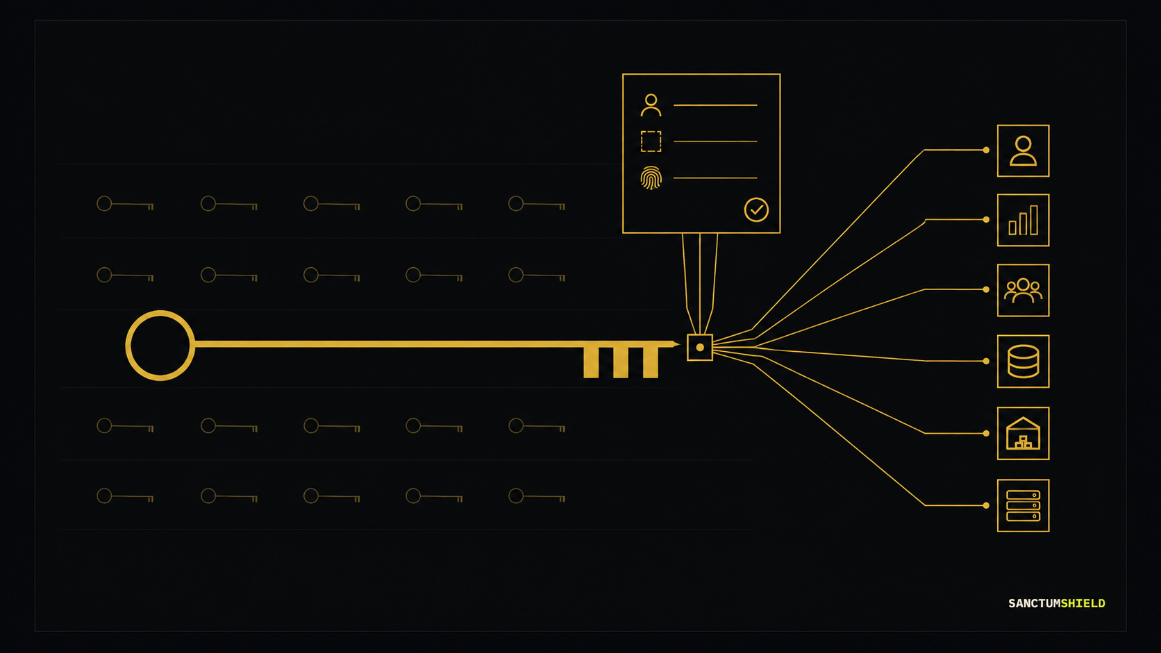 A single brass master key on a dark ledger page, rows of smaller keys faint behind it, passing through a sealed record to reach six connected systems.