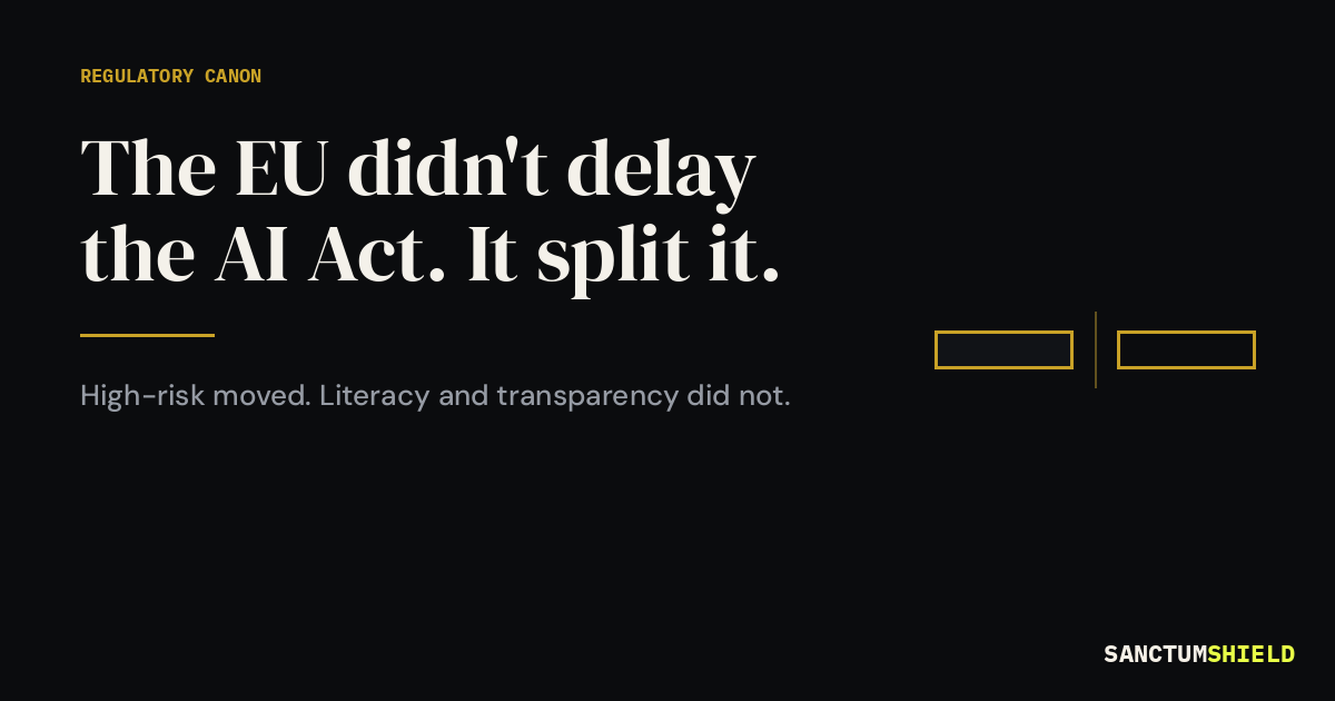 The EU AI Act split into a near cliff and a far cliff: high-risk obligations moved to December 2, 2027 (Annex III) and August 2, 2028 (Annex I) under the 2026 Digital Omnibus, while Article 4 AI literacy (in force since February 2, 2025), Article 50 transparency (August 2, 2026), and Colorado SB 26-189 (January 1, 2027) did not move.